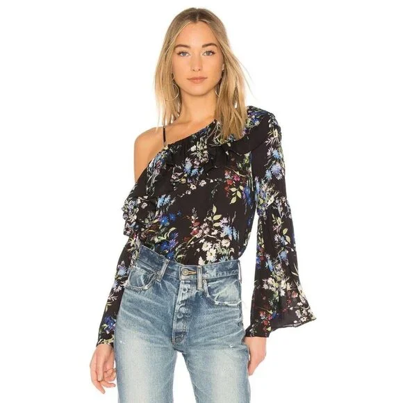 PARKER Lima Boboli Black Floral Silk Georgette Off The Shoulder Blouse, Size L - Picture 1 of 9